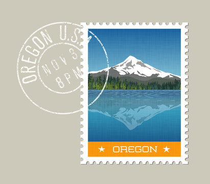 Oregon, postage stamp design. 
Vector illustration of Mt. Hood behind lake with reflection. Grunge postmark on separate layer