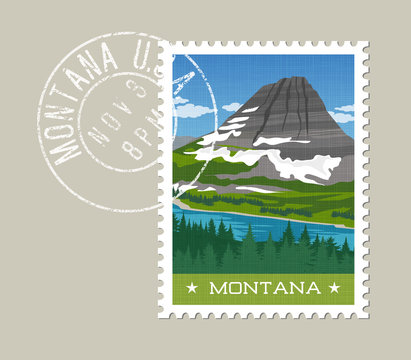 Montana, postage stamp design. 
Vector illustration of snowy mountain, river and forest. Grunge postmark on separate layer