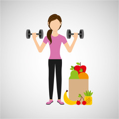 Fototapeta na wymiar woman dumbbell exercising healthy food bag vector illustration eps 10