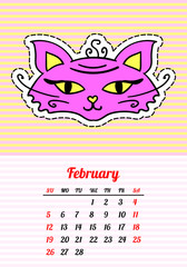 Calendar 2017 with cats. In cartoon 80s-90s comic style with fashion patches, pins and stickers. Pop art vector illustration. Trendy colors. Vector clip art.