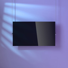 Smart TV glass panel Mockup hanging on the wall by ropes, 3d rendering