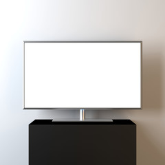 Modern Smart TV Mockup with gold metal frame and stand. Premium TV standing on black cube. 3d rendering