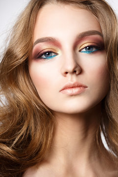 Creative make-up. portrait of a girl model. Studio. high quality portrait photos.