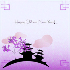 Greeting postcard with little chinese landscape to Chinese New Year on violet background. Vector illustration