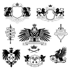 Winged lion set coat of arms.A collection of nine heraldry design.