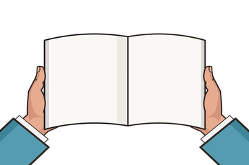 Hands with open blank book template. Knowledge, education. Flat mockup. Vector illustration.