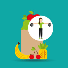 woman weight exercising healthy food bag vector illustration eps 10