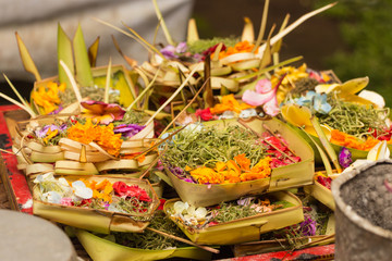 Traditional balinese offerings to gods with flowers and aromatic sticks, Bali, Indonesia