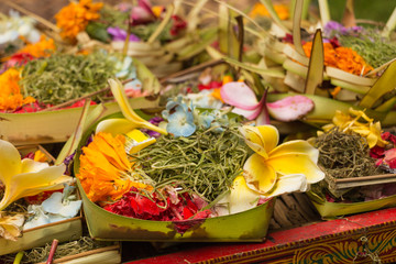 Traditional balinese offerings to gods with flowers and aromatic sticks, Bali, Indonesia