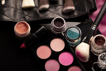 Make up artist theme. Various makeup products. Top view. Set of professional cosmetic: make-up...