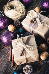 Christmas composition with Gifts and vintage decorations.