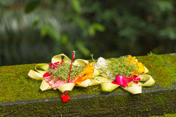 Traditional balinese offerings to gods with flowers and aromatic sticks, Bali, Indonesia