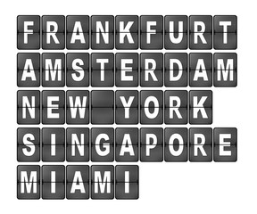 Flughafen Anzeige Buchstaben Frankfurt, Amsterdam, New York, Singapore, Miami