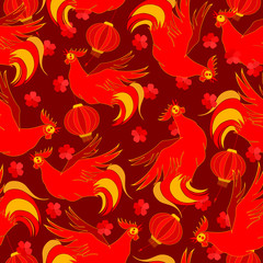 Obraz premium new year`s red seamless background in oriental style with roosters, flashlights and flowers