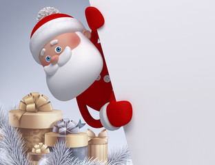 3d illustration, Santa Claus character, Christmas background, winter holiday greeting card template, blank banner