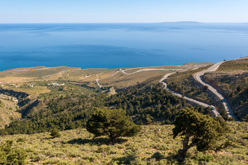 Curvy road near Hora Sfakion town on southwest Crete island. A view from above. Greece.