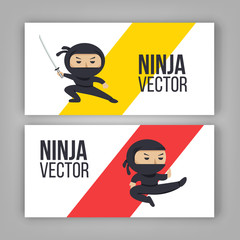 Set of ninja characters showing different actions. Serious ninja with sword. Flat style vector banner. © DiBronzino