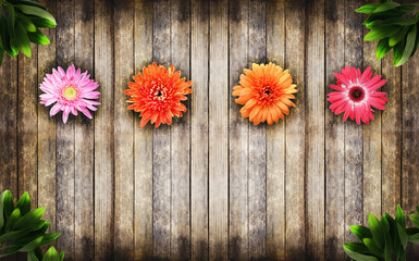 Wooden texture and flowers. Multicolored.
