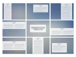 Set of modern business presentation templates in A4 size. Connection structure. Abstract background with molecule DNA and neurons. Medicine, science, technology concept. Vector illustration.