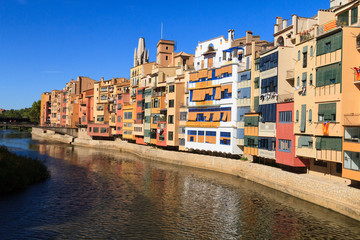 Quarter of Girona, the view from the bridge over the river Onyar. Spain, Catalonia.