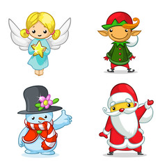 Christmas cartoon characters set. Vector illustration of Christmass angel, elf, snowman and Santa Claus