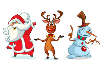 Christmas cartoon characters set. Vector illustration of Christmass reindeer, snowman and Santa Claus
