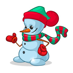A vector cartoon snowman. Christmas character with wooden hands