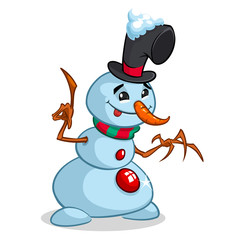 A vector cartoon snowman with wooden hands. Christmas character