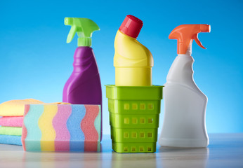 Variety of cleaning products,home work, on blue background