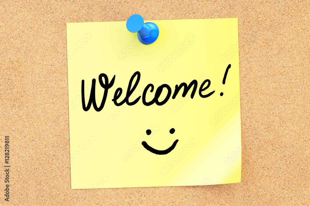 Poster welcome text on a sticky note pinned to a corkboard. 3d renderin