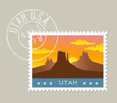 Utah postage stamp design. 
Vector illustration of monument valley at sunset. Grunge postmark on separate layer