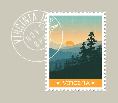 Virginia, postage stamp design. 
Vector illustration of scenic Smoky Mountains. Grunge postmark on separate layer