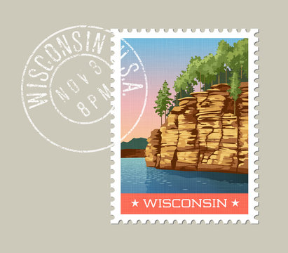 Wisconsin postage stamp design. 
Vector illustration of sandstone bluffs on the Wisconsin River. Grunge postmark on separate layer