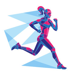 Obraz na płótnie Canvas Vector image silhouette of a running girl marathon multicolored polygons shapes lines