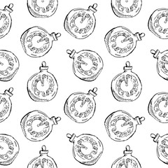 Seamless pattern of vintage hand drawn balls and clock toys. Christmas and New Year design elements