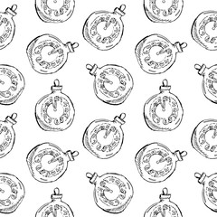 Seamless pattern of vintage hand drawn balls and clock toys. Christmas and New Year design elements