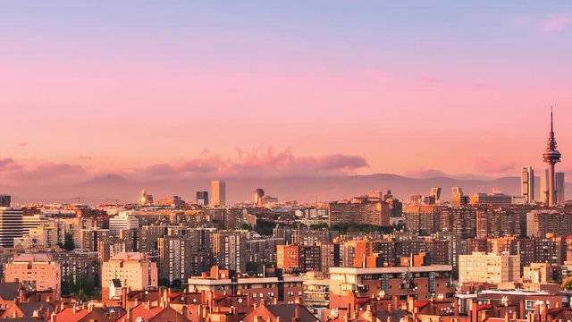 Madrid Skyline Cityscape Timelapse From Day To Night Zoom Out