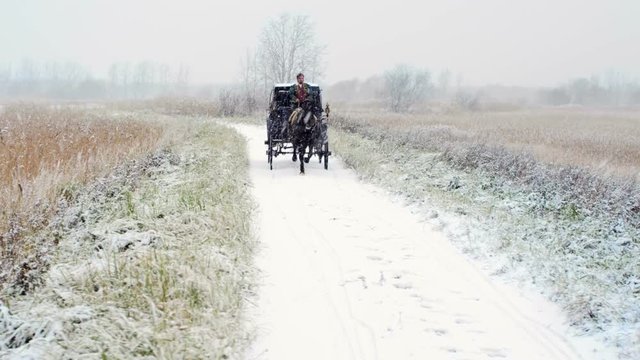Man riding one horse carriage on winter road