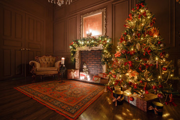 Calm image of interior Classic New Year Tree decorated in a room with fireplace