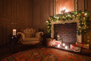 Calm image of interior Classic New Year Tree decorated in a room with fireplace