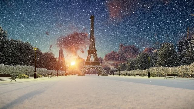 Wonderful view Eiffel Tower in Paris at sunset, snowing