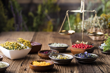 Assorted natural medical herbs and mortar