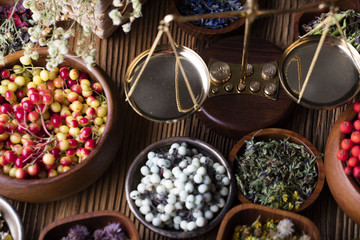 Assorted natural medical herbs and mortar