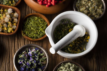 Assorted natural medical herbs and mortar