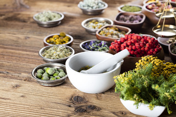 Assorted natural medical herbs and mortar
