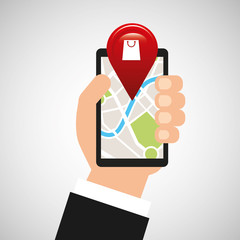 hand holds phone navigation app commerce vector illustration eps 10