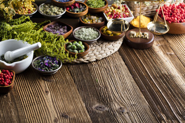 Assorted natural medical herbs and mortar