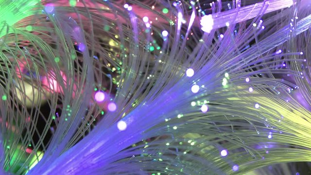 Colorful light transmission through brightly lit fiber optic cables.