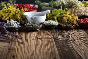 Herbs, berries and flowers with mortar, on wooden table background