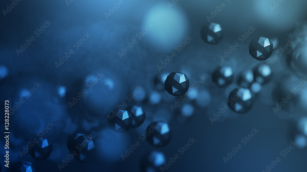 Poster abstract 3d rendering of chaotic low poly particles. flying polygonal spheres in empty space. futuri